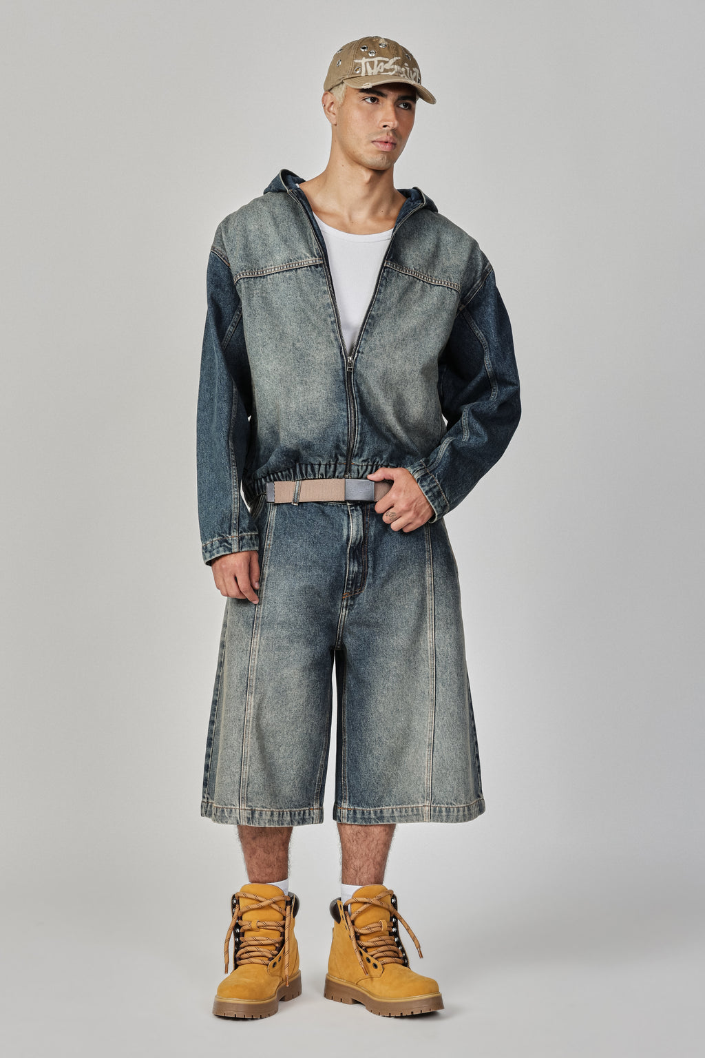 DENIM JORTS ROUND POCKET